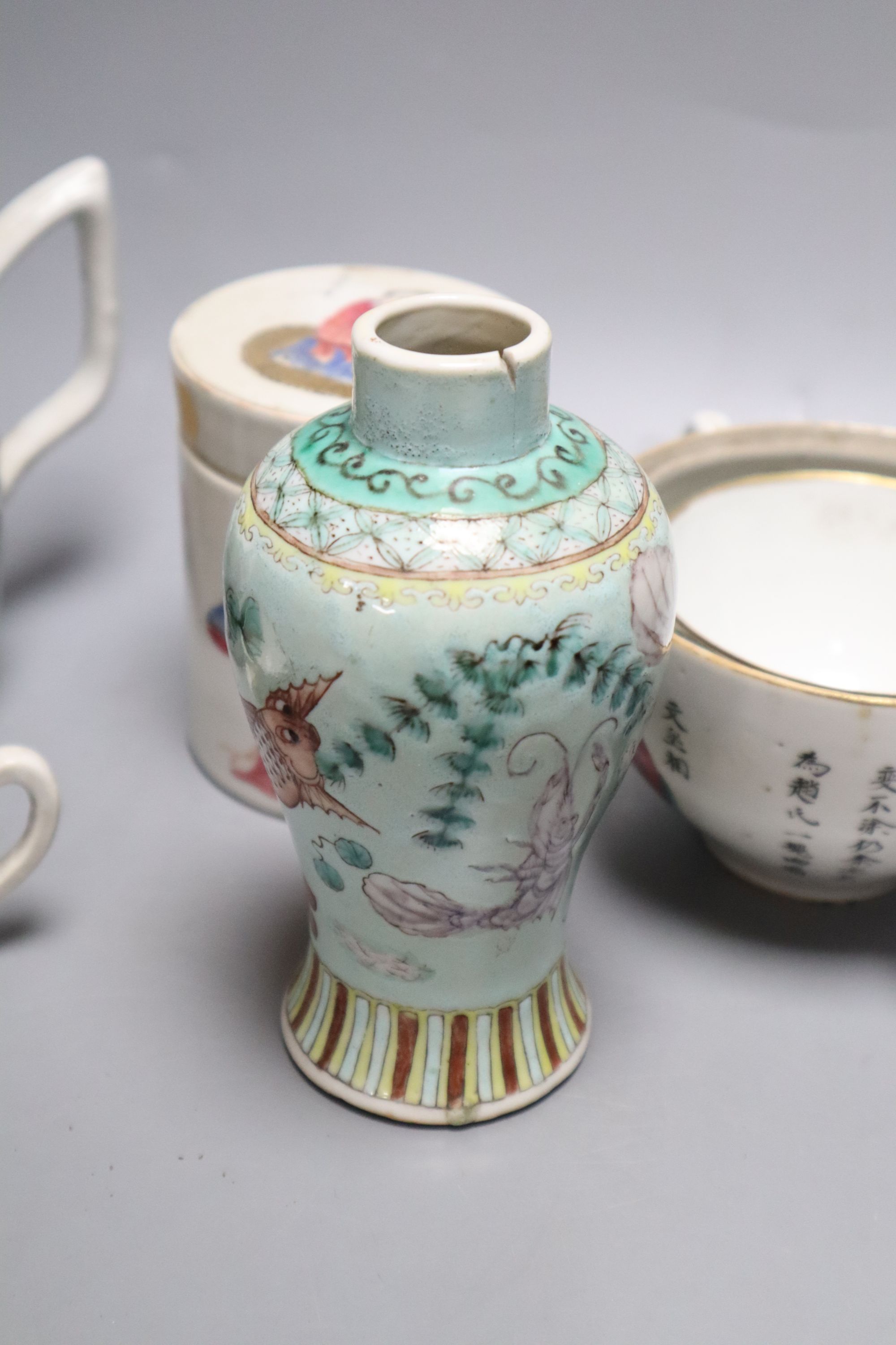 A group of Chinese famille rose tea wares and fish vase, late Qing / Republic, damage